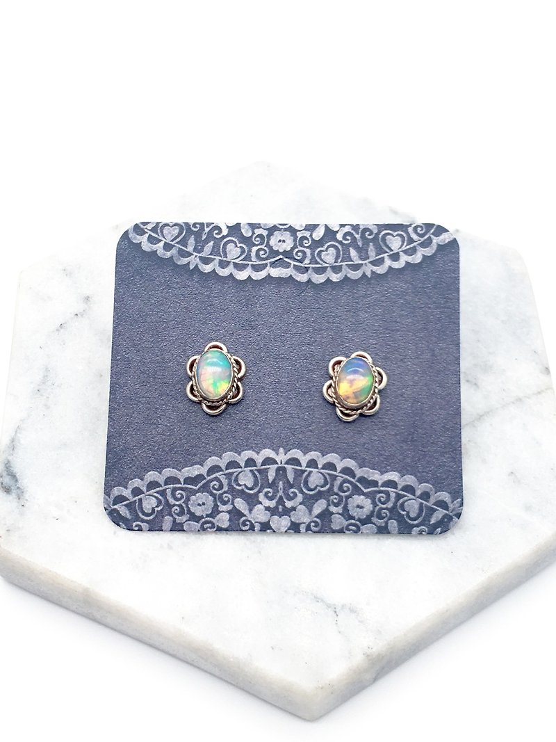Opal 925 sterling silver flower design earrings Nepal handmade mosaic production - ต่างหู - เครื่องเพชรพลอย สีเงิน