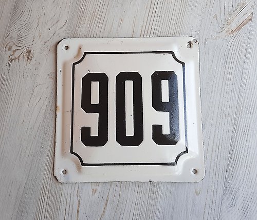 RetroRussia Street building house number sign 909 - vintage address metal plaque white black