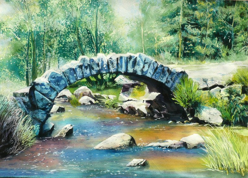 綠沁夏橋-水彩風景畫/純手繪藝術畫作/藝術掛畫/精緻居家裝飾 - 海報/掛畫/掛布 - 紙 綠色