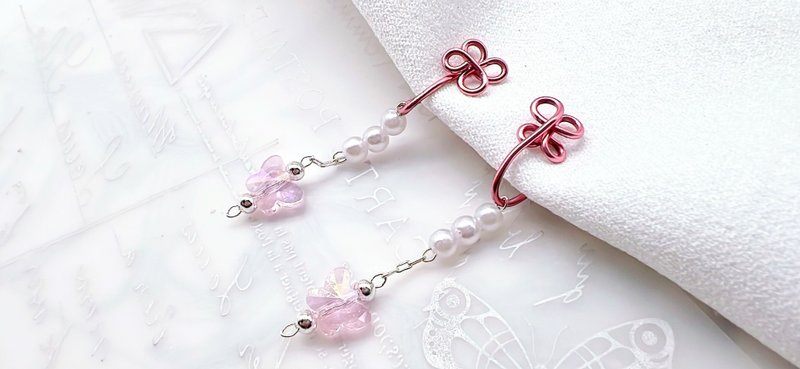 | Pink Butterfly | Pearls | Sweet Earrings | Painless Patented Clip-On| Changeable Ear Needles and Ear Hooks - Earrings & Clip-ons - Other Materials Pink