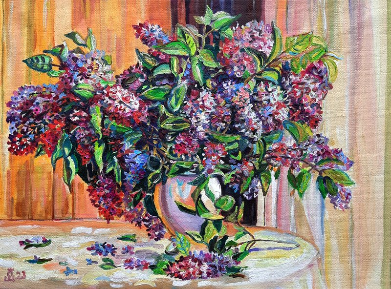 Lilac Art Floral  Painting  Original Art  Oil Painting  Wall Decor Oil On Canvas - ตกแต่งผนัง - วัสดุอื่นๆ สีม่วง