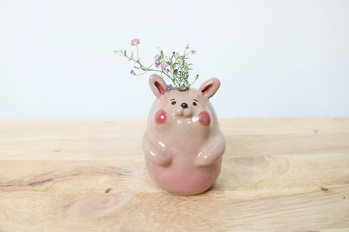 阿囡陶器A-Nan Handmade 粉紅小兔花瓶