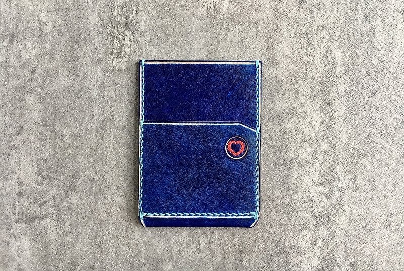 Handmade navy leather  pass case / red heart leather card case / Personalized card case - ที่ใส่บัตรคล้องคอ - หนังแท้ สีน้ำเงิน