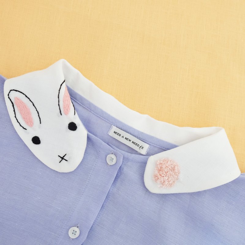 Fluffy Bunny Dress - Hand Embroidered Collar - 洋裝/連身裙 - 繡線 白色