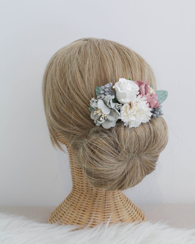 SILVER WHITE MAUVE Flower Hair Comb Handmade Paper Flowers - 髮夾/髮飾 - 紙 銀色