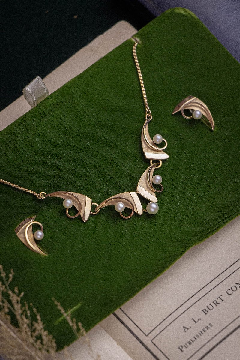 American Van Dell brand antique 12K gold-filled geometric pearl necklace earring set - สร้อยคอ - เครื่องประดับ สีทอง