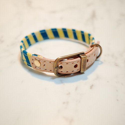 Michu Pet Collars #美珠手作 狗 大貓 S號 項圈 藍綠 黃條紋 手繪風 可上牽繩 可加購吊牌