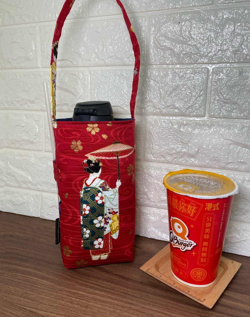 和風美人收納杯袋、水壺袋 - 飲料提袋/杯套 - 其他材質 紅色