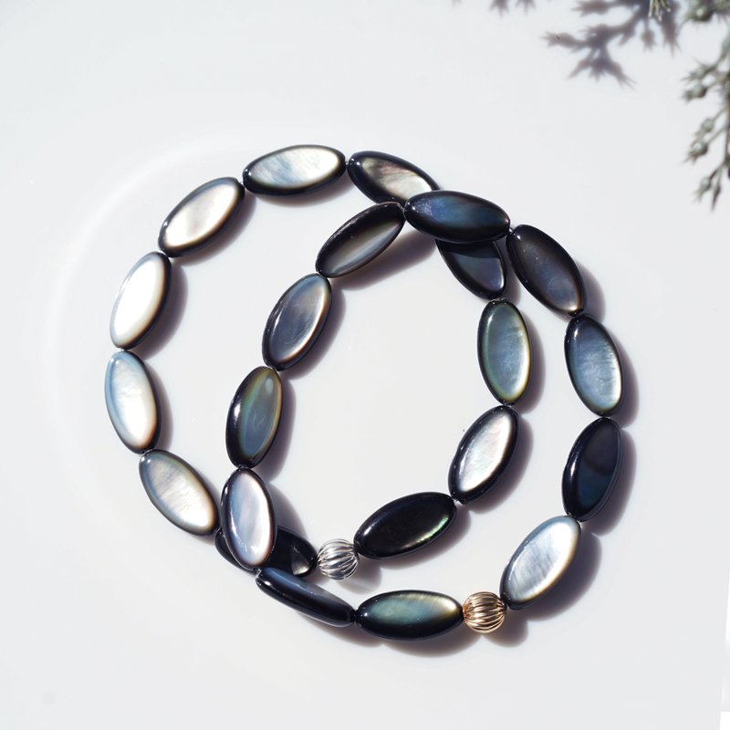 黑蝶貝壓紋橢圓手鍊 十六夜 - 手鍊/手環 - 寶石 黑色