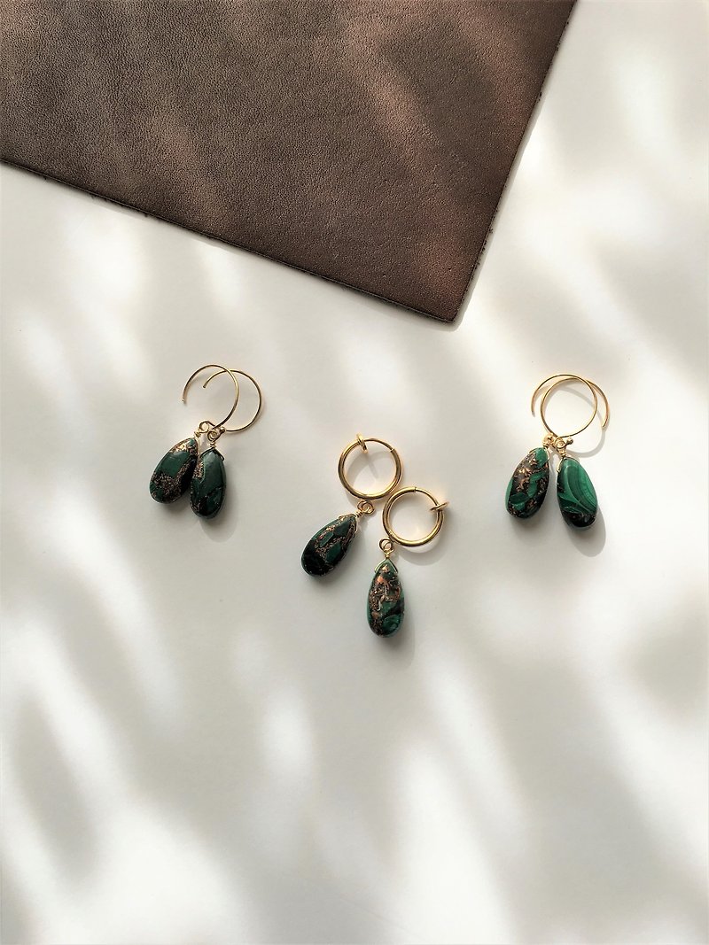 Copper Malachite drop Hook-earring 14 kgf, Clip-earring - ต่างหู - หิน สีเขียว