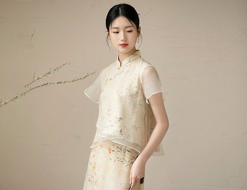 初蟬 新中式 半身裙氣質高腰禪茶印花復古長裙洋裝