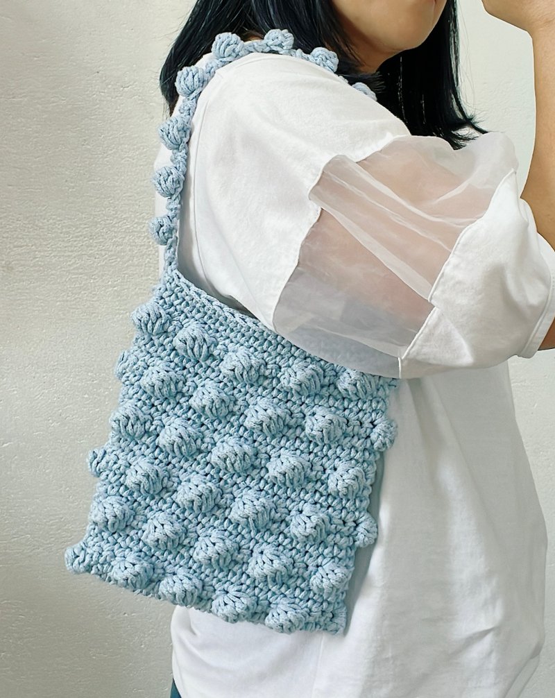 多邊形豆豆庫柏包-圓股粗棉線款-天藍 - 手提包/手提袋 - 棉．麻 