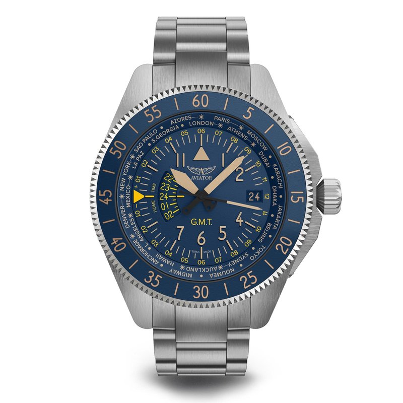 AIRACOBRA GMT 飛行員腕錶 - 男錶/中性錶 - 不鏽鋼 銀色