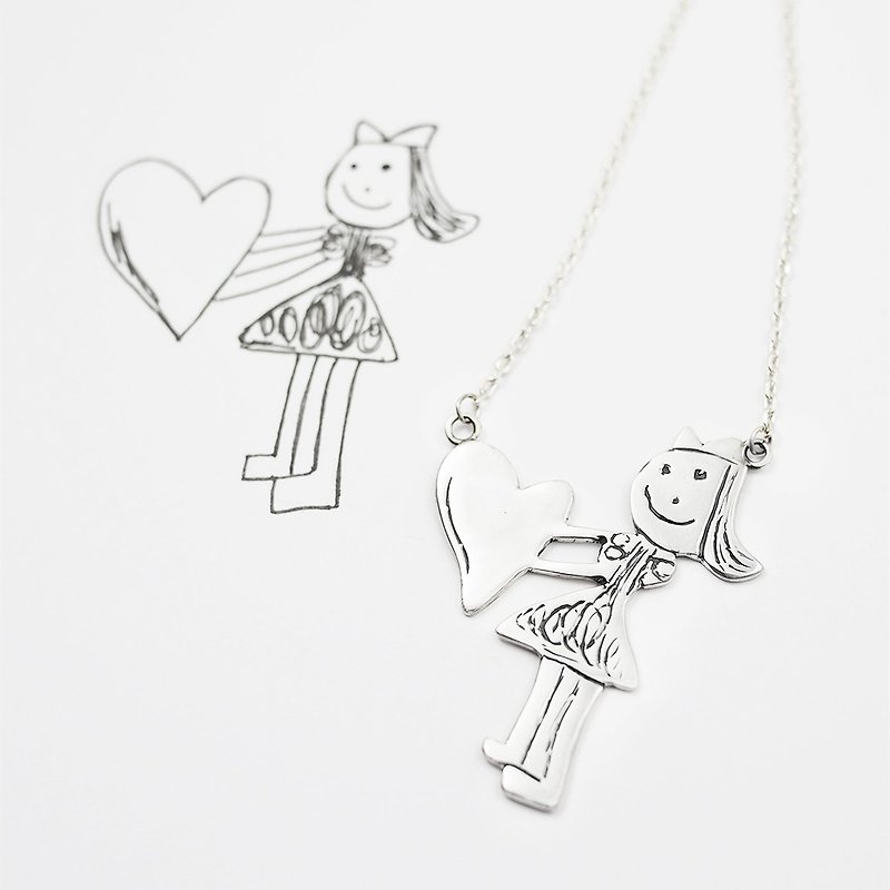 Upload your little baby children's drawing to make a unique jewelry / 925 sterling silver necklace - Necklaces - Sterling Silver Silver