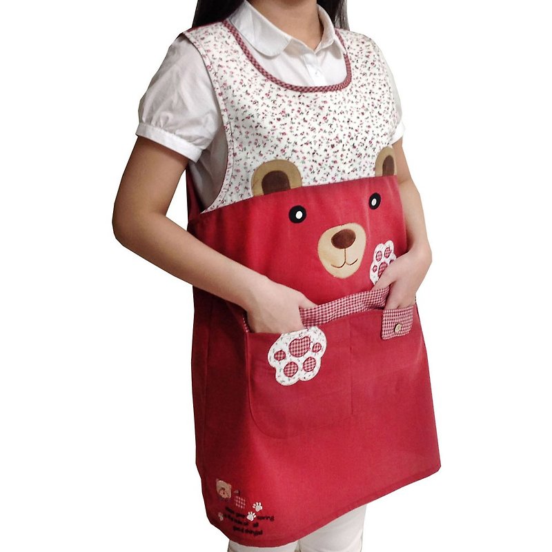 [BEAR BOY] Japanese Style 4 Pocket Footprint Bear Apron-Red - ผ้ากันเปื้อน - วัสดุอื่นๆ 