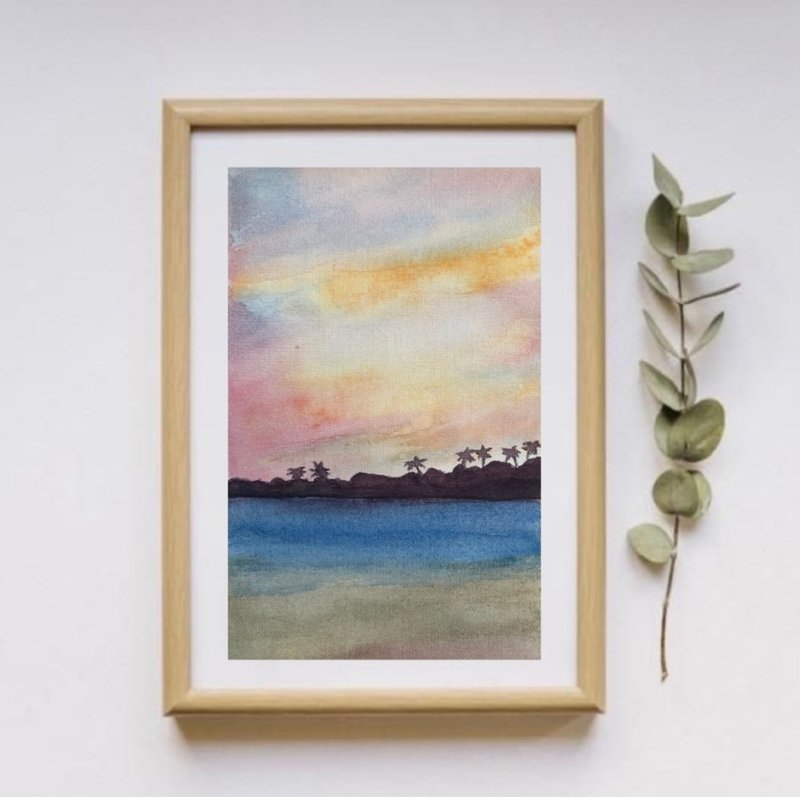 Original Watercolor Sunset Sunrise Art Seascape Beach Ocean Palms Painting - 壁貼/牆壁裝飾 - 紙 多色