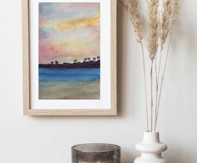 オリジナル水彩サンセットサンライズアート海景ビーチオーシャン