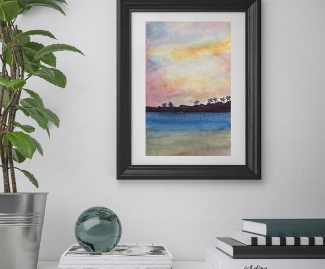 オリジナル水彩サンセットサンライズアート海景ビーチオーシャン