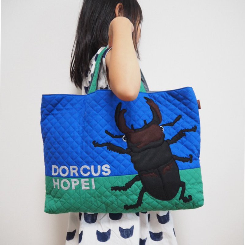 Book Bag - Giant Stag Beetle (Blue×green) Appliqué/Quilted - อื่นๆ - ผ้าฝ้าย/ผ้าลินิน สีน้ำเงิน