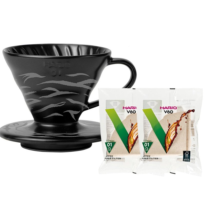 HARIO V60虎紋濾杯-黑 附濾紙2包/VDC-01-BDR-EX - 咖啡壺/手沖壺 - 陶 黑色