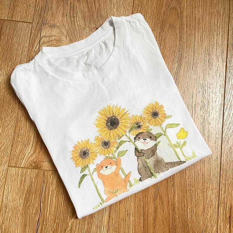可愛水獺與向日葵原創兒童T恤插畫童裝TEE - 其他 - 棉．麻 