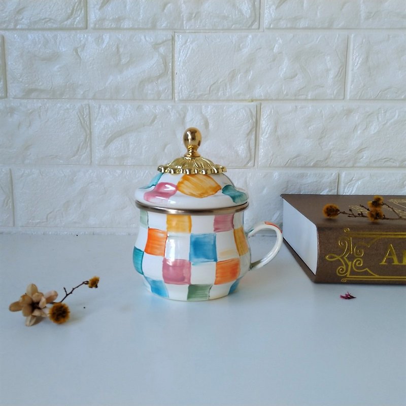 Colorful Check Enamel Tea Cup Noble Crown Lid with Christmas Gift Packaging 400ml - Vacuum Flasks - Enamel Multicolor