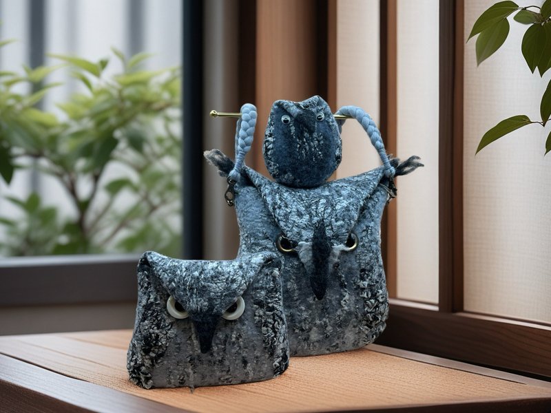 貓頭鷹造型包三件組側背包/化妝包/零錢包-可拆賣 - 側背包/斜背包 - 羊毛 灰色