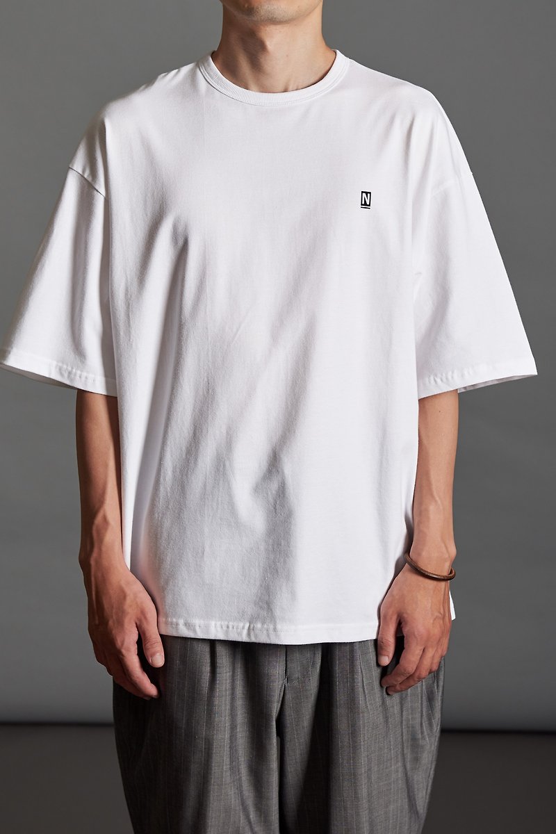 Wide version heavy pattern white short TEE - เสื้อยืดผู้ชาย - ผ้าฝ้าย/ผ้าลินิน ขาว