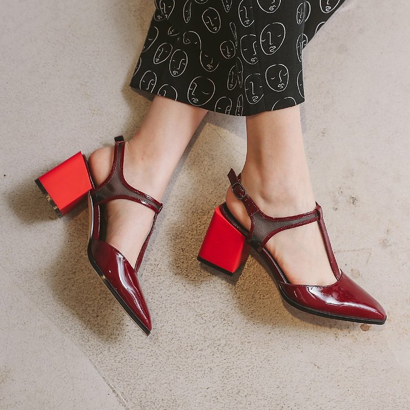 【 展示品出清 】丅字皮質拼接紗網 方跟真皮尖頭鞋 紅配紅跟 - 高踭鞋 - 真皮 紅色