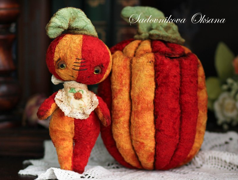 Handmade Artist Collectible Teddy Bear OOAK toy gift halloween pumpkinhome decor - Stuffed Dolls & Figurines - Other Materials Multicolor