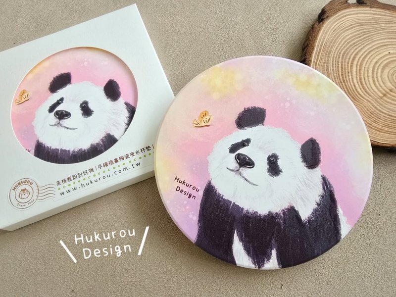 Hand-painted panda and butterfly ceramic coaster - Coasters - Porcelain 