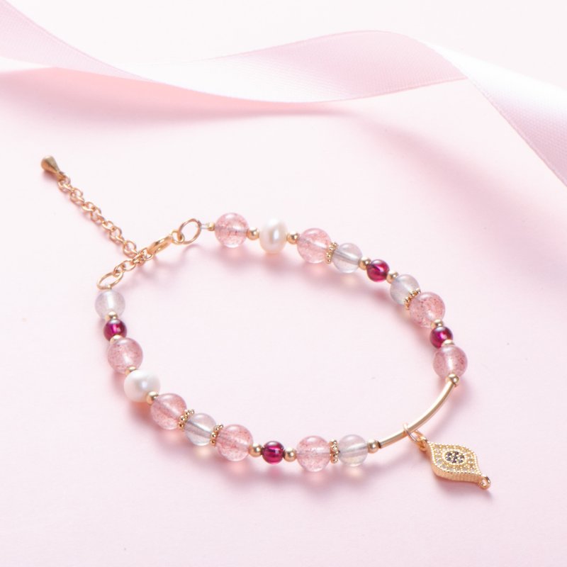 Red Garnet Pearl Labradorite Rose Quartz K14GF Natural Gemstone Crystal Bracelet - Bracelets - Crystal Pink