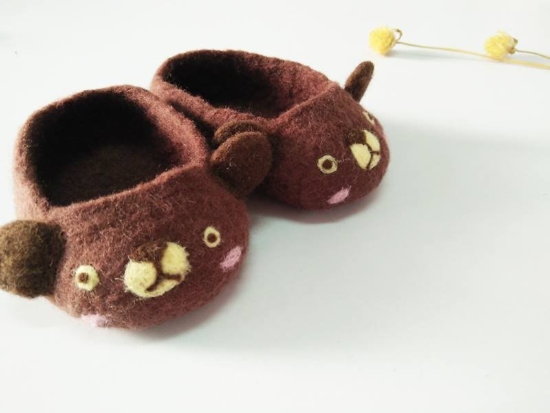 miniyueウールは、赤ちゃんの靴（ダークブラウンかわいいクマ）儀式台湾手製出生フェルト - スリッポン メンズ - ウール ブラウン