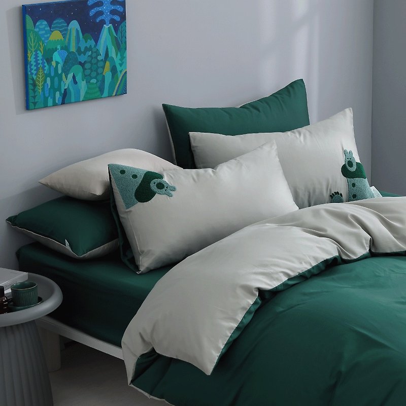 棉．麻 床包/寢具 綠色 - 好關係x包大山 | 睡夢森林-純境長纖棉床包枕套組