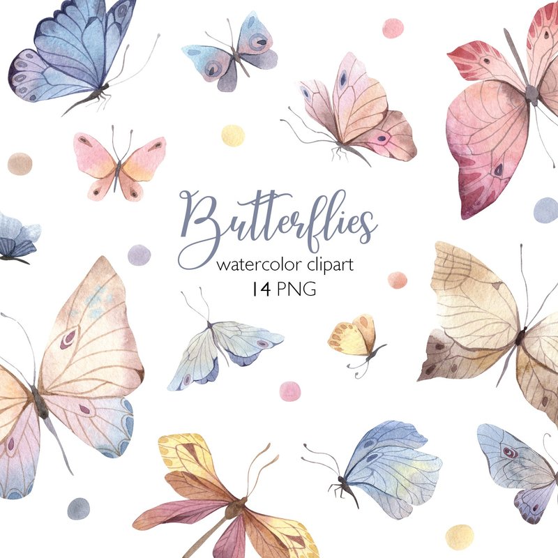 Hand painted watercolor set of Pastel Butterflies and Moths, Digital files PNG - Illustration, Painting & Calligraphy - Other Materials 