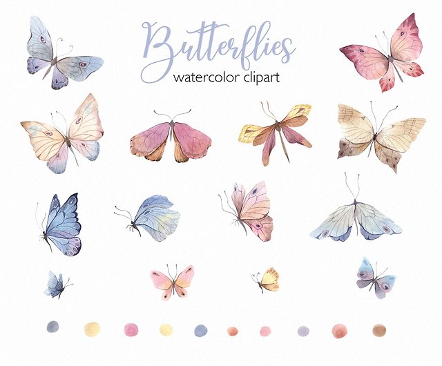 パステル蝶と蛾の手描き水彩セット、デジタルファイルPNG