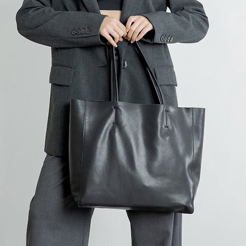 Black Leather-Look Logo Tote Bag