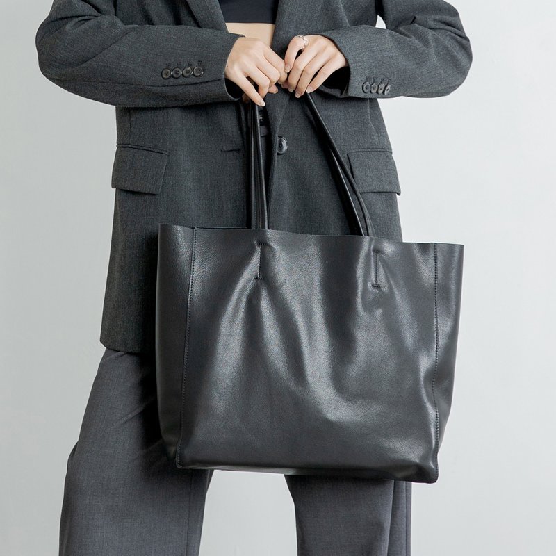 Plain Soft Leather Tote Bag - Black - Handbags & Totes - Genuine Leather Black