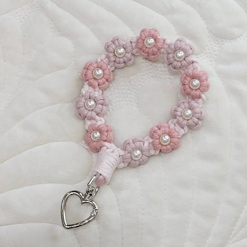 全珍珠 愛心扣 手腕掛繩 - 掛繩/吊繩 - 棉．麻 粉紅色