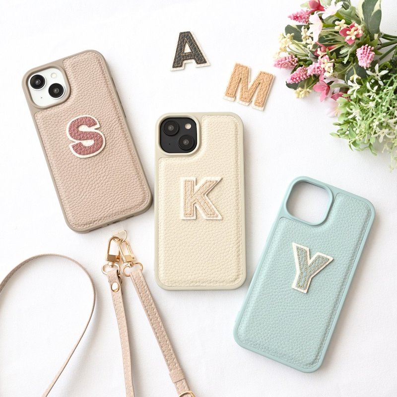 Color Rear Case [Simple Initial Stitch Patch] iPhone Smartphone Case Smartphone Shoulder Dull Color Alphabet A282I - Phone Cases - Faux Leather Brown