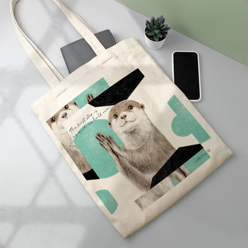 Illustrated quote cotton sail bag/large bag/can hold A4 _ otter style - กระเป๋าถือ - วัสดุอื่นๆ สีเขียว