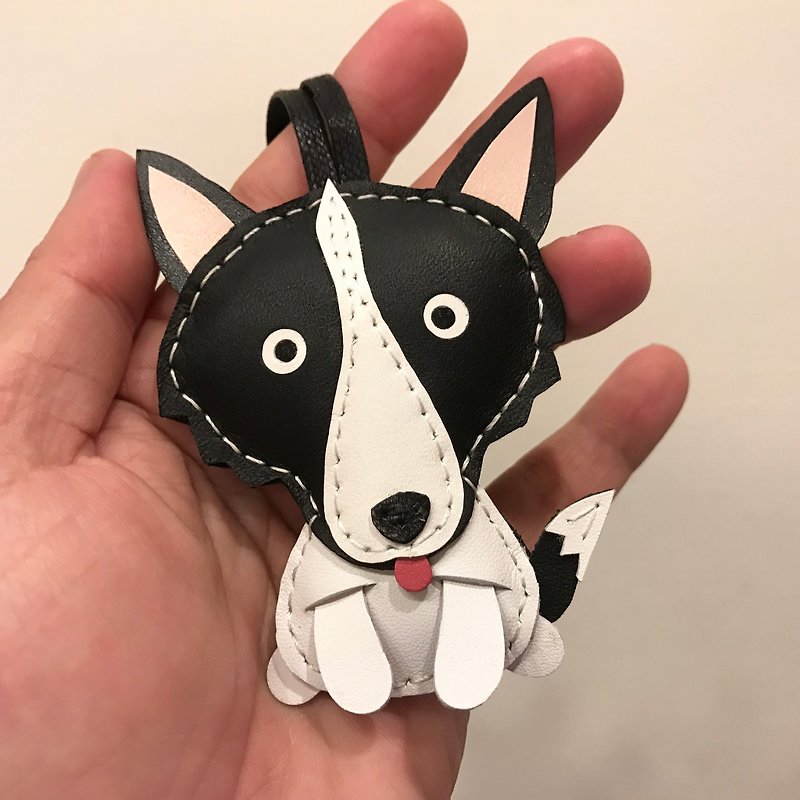 {Leatherprince handmade leather} Taiwan MIT black / white cute shepherd pure leather handmade leather strap / LiLi the Border Colliecowhide leather charm in Black / white (Small size / - Keychains - Genuine Leather Black