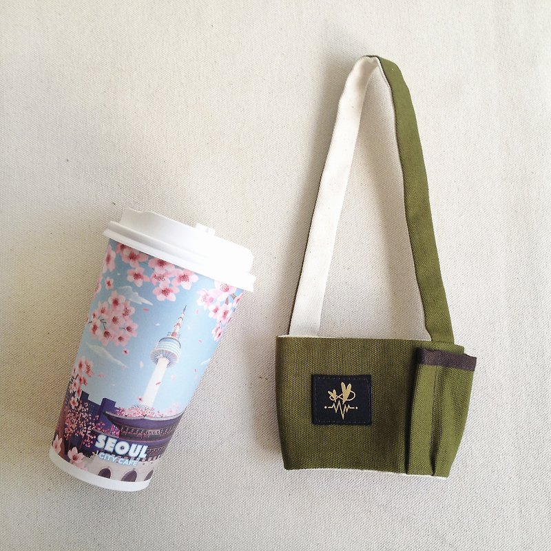 Not afraid of straw falling down coffee drink bag / Matcha green - ถุงใส่กระติกนำ้ - ผ้าฝ้าย/ผ้าลินิน สีเขียว