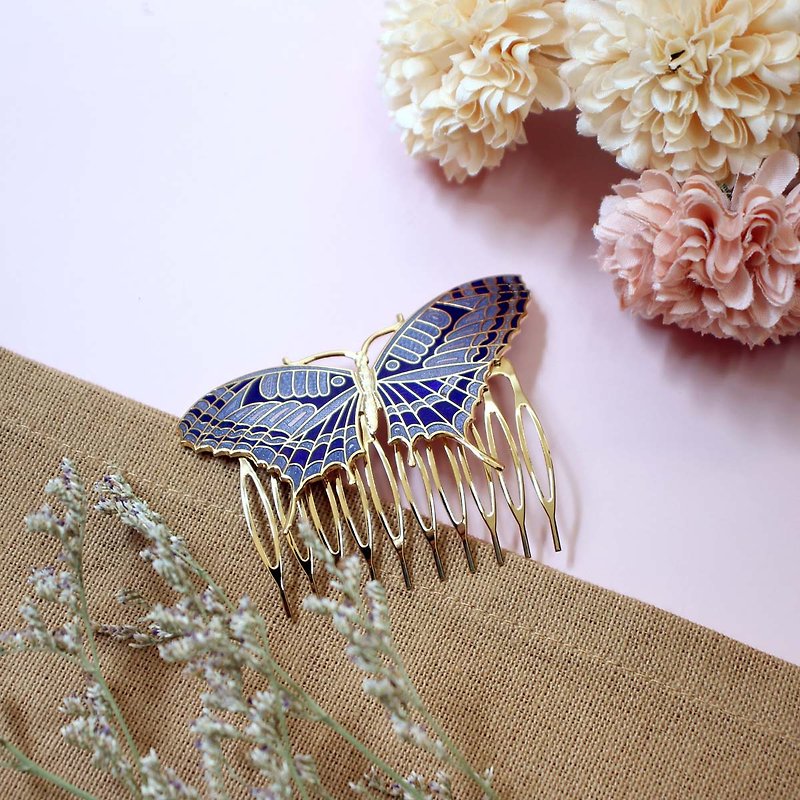 Cloisonne Butterfly-Comb-shaped Hairpin -Blue - เครื่องประดับผม - วัตถุเคลือบ 