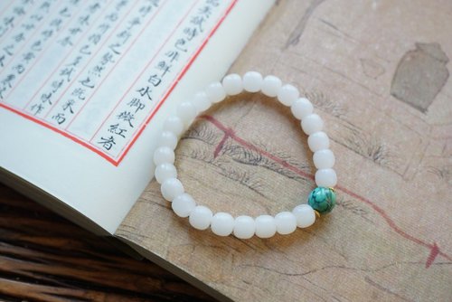 Angel's tears 天使之淚 Jewelry Design 6*7mm天然和田玉/和闐玉-羊脂玉 藍網松石設計單圈手串手持s