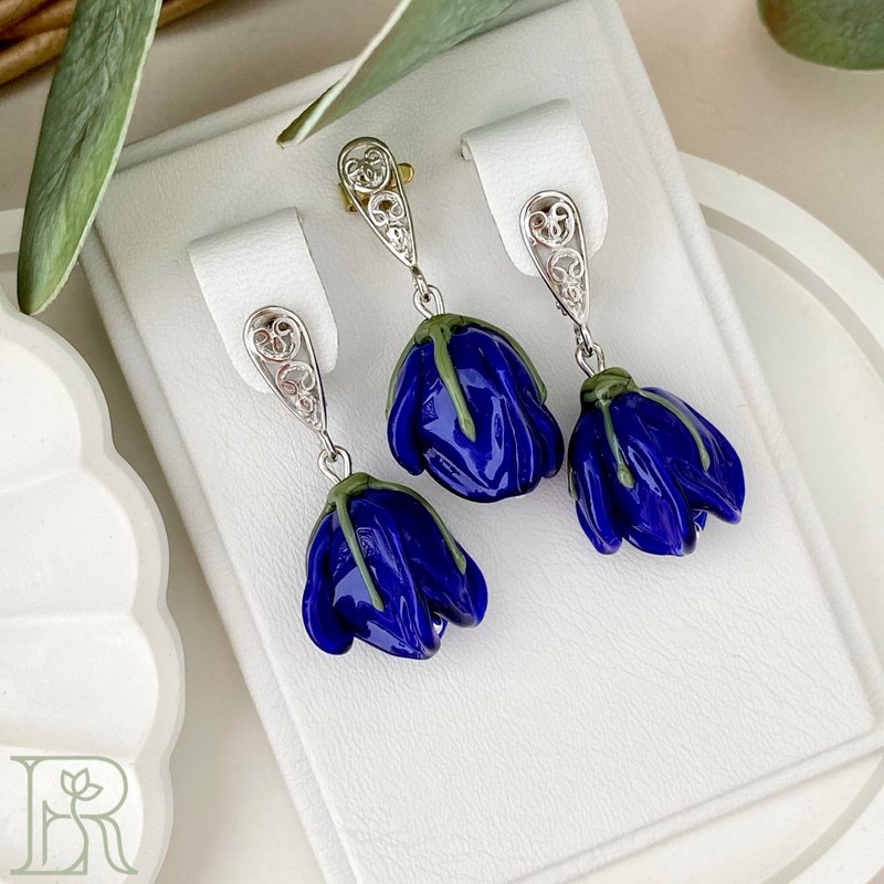 Navy Blue Jewelry Set with 925 Silver Pendant Gift For Her - 耳環/耳夾/耳骨夾 - 純銀 藍色