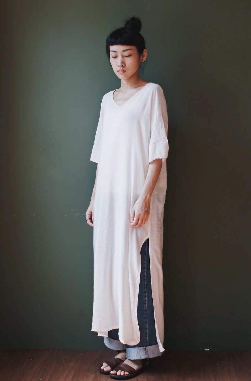 Long version V-neck side slitted dress beige - One Piece Dresses - Cotton & Hemp White