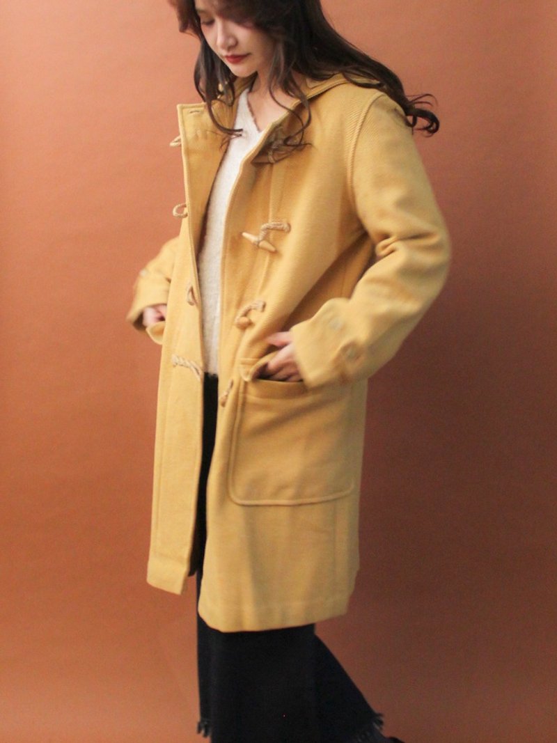 Vintage Autumn and Winter Goose Yellow Loose Hooded Vintage Horn Button Coat Vintage Outer - Women's Casual & Functional Jackets - Wool Yellow