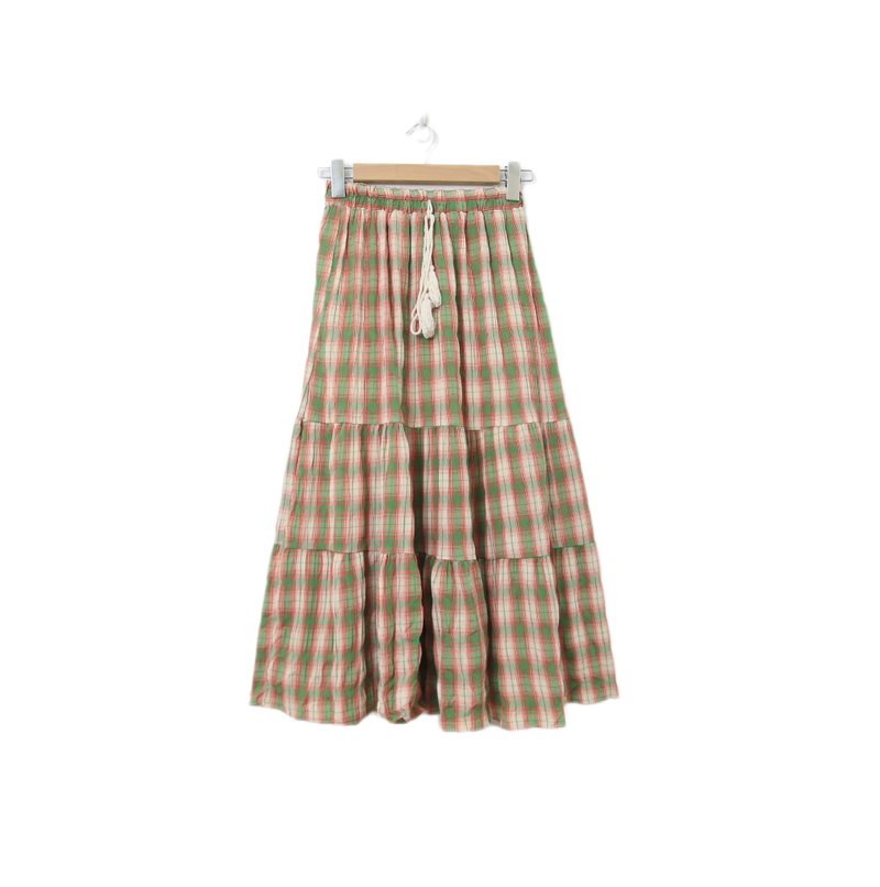 Back to Green-復古長裙 腰圍伸縮 格紋裙M-12//vintage skirt - 裙子/長裙 - 棉．麻 
