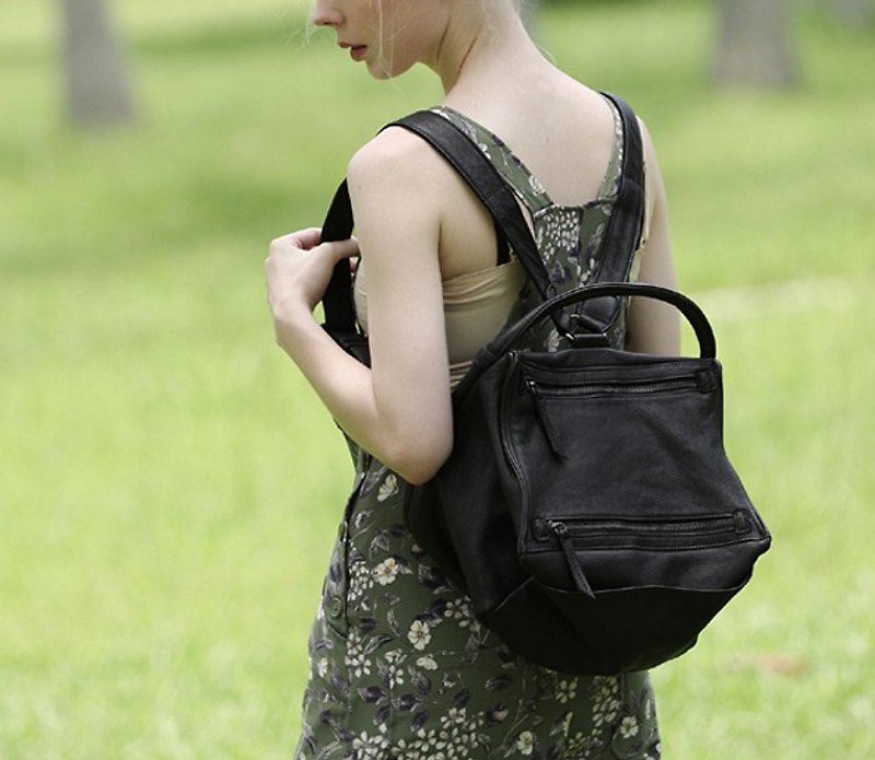 Three-dimensional geometric square portable backpack back black - Backpacks - Genuine Leather Black